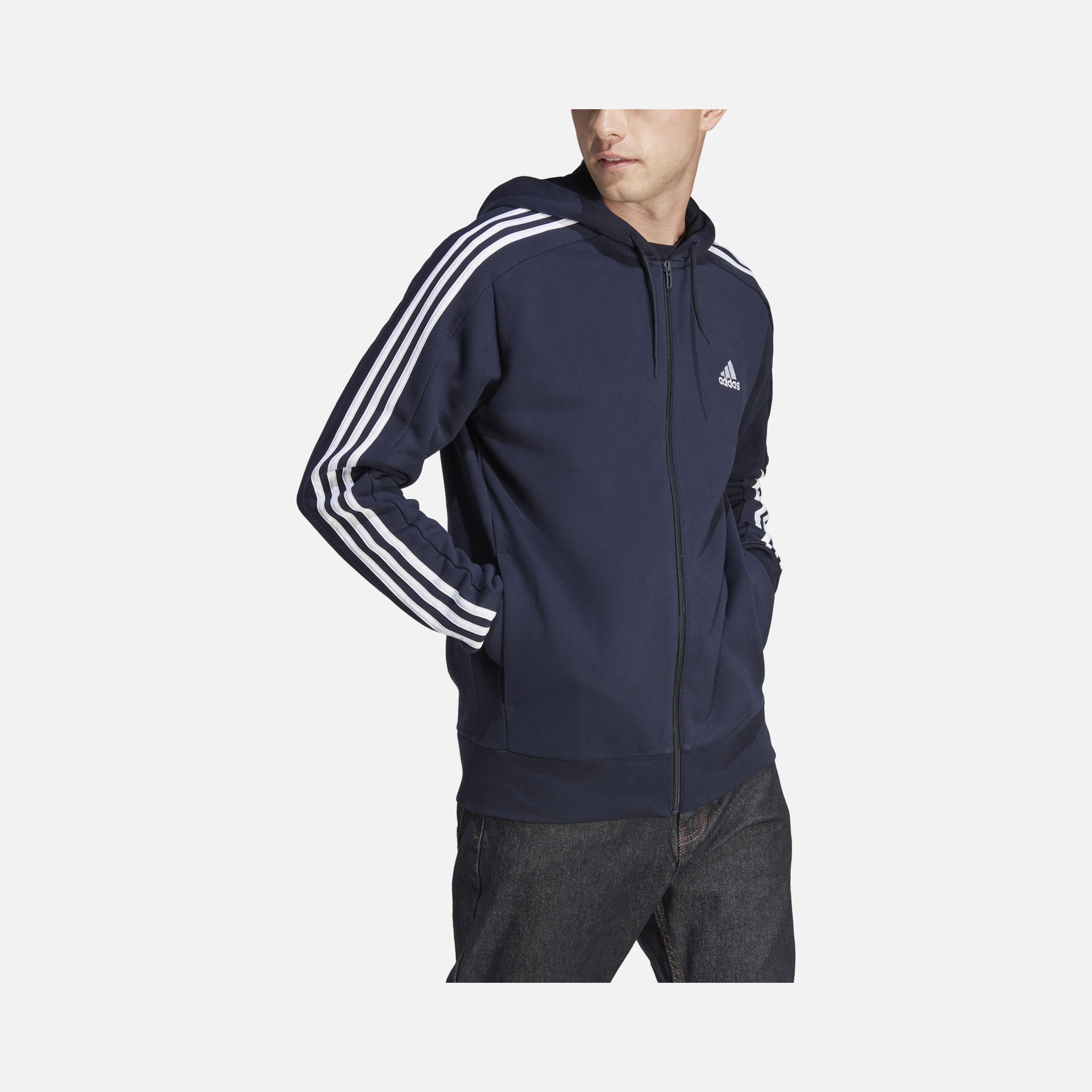 adidas Essentials French Terry 3-Stripes Full-Zip Hoodie Erkek Sweatshirt