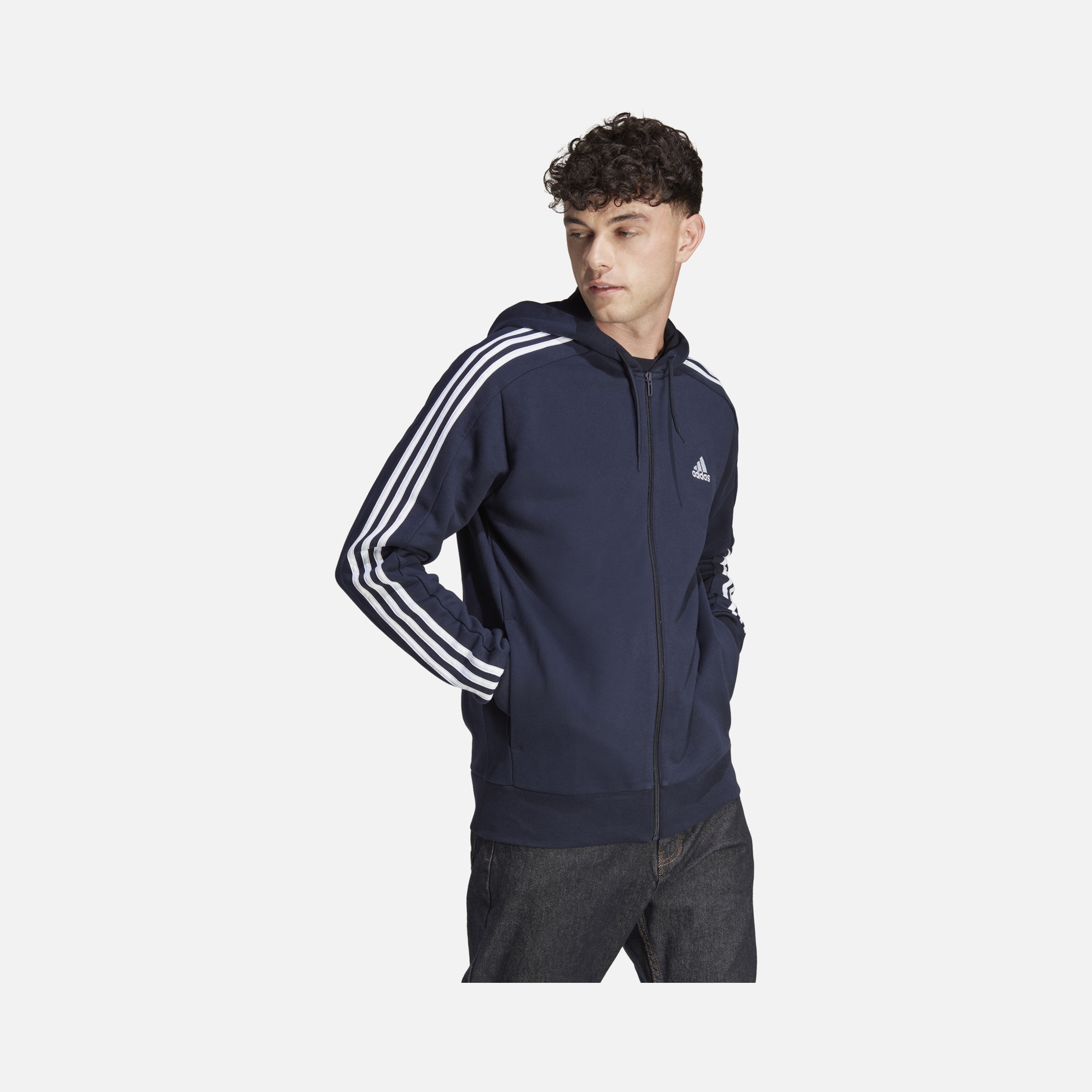 adidas Essentials French Terry 3-Stripes Full-Zip Hoodie Erkek Sweatshirt
