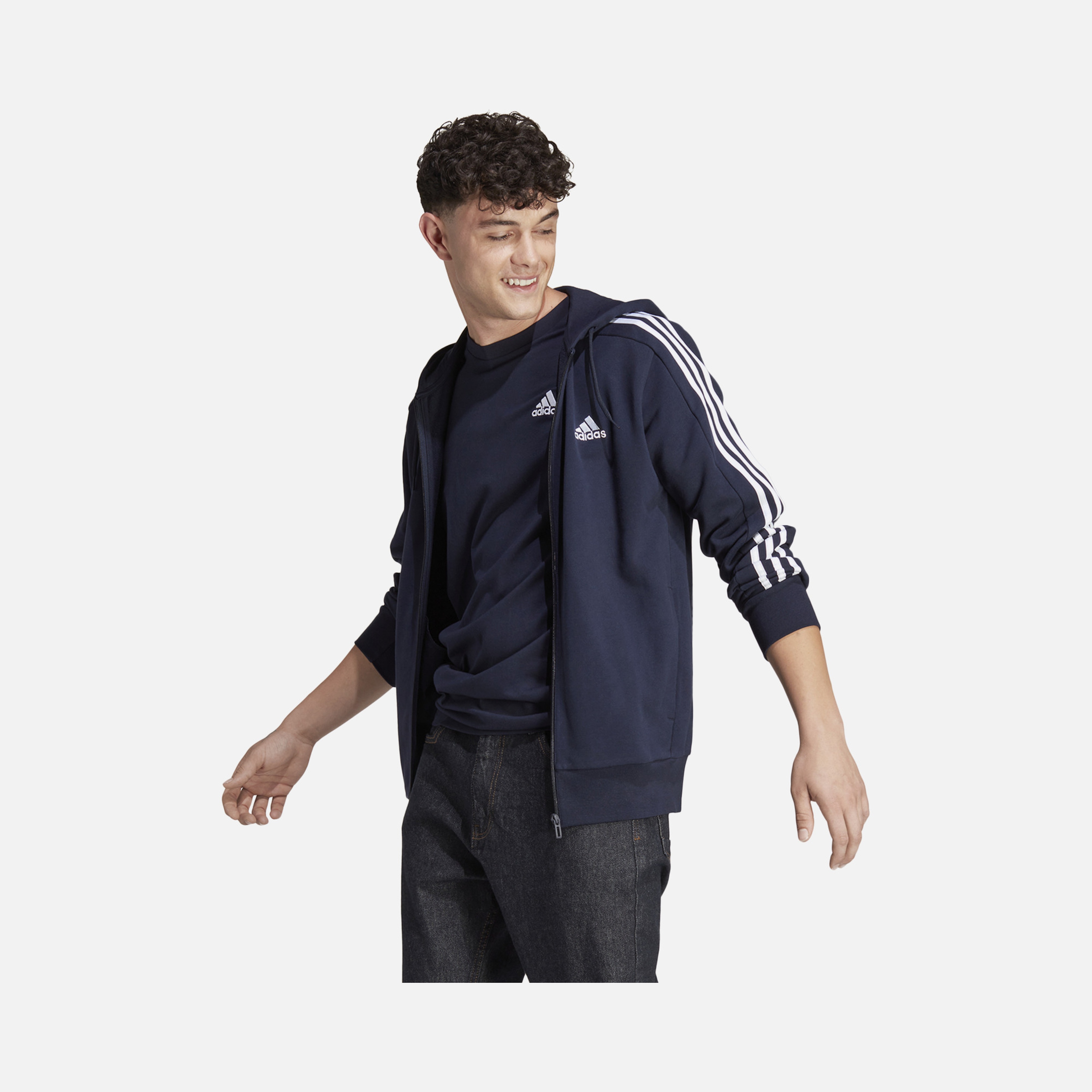 adidas Essentials French Terry 3-Stripes Full-Zip Hoodie Erkek Sweatshirt