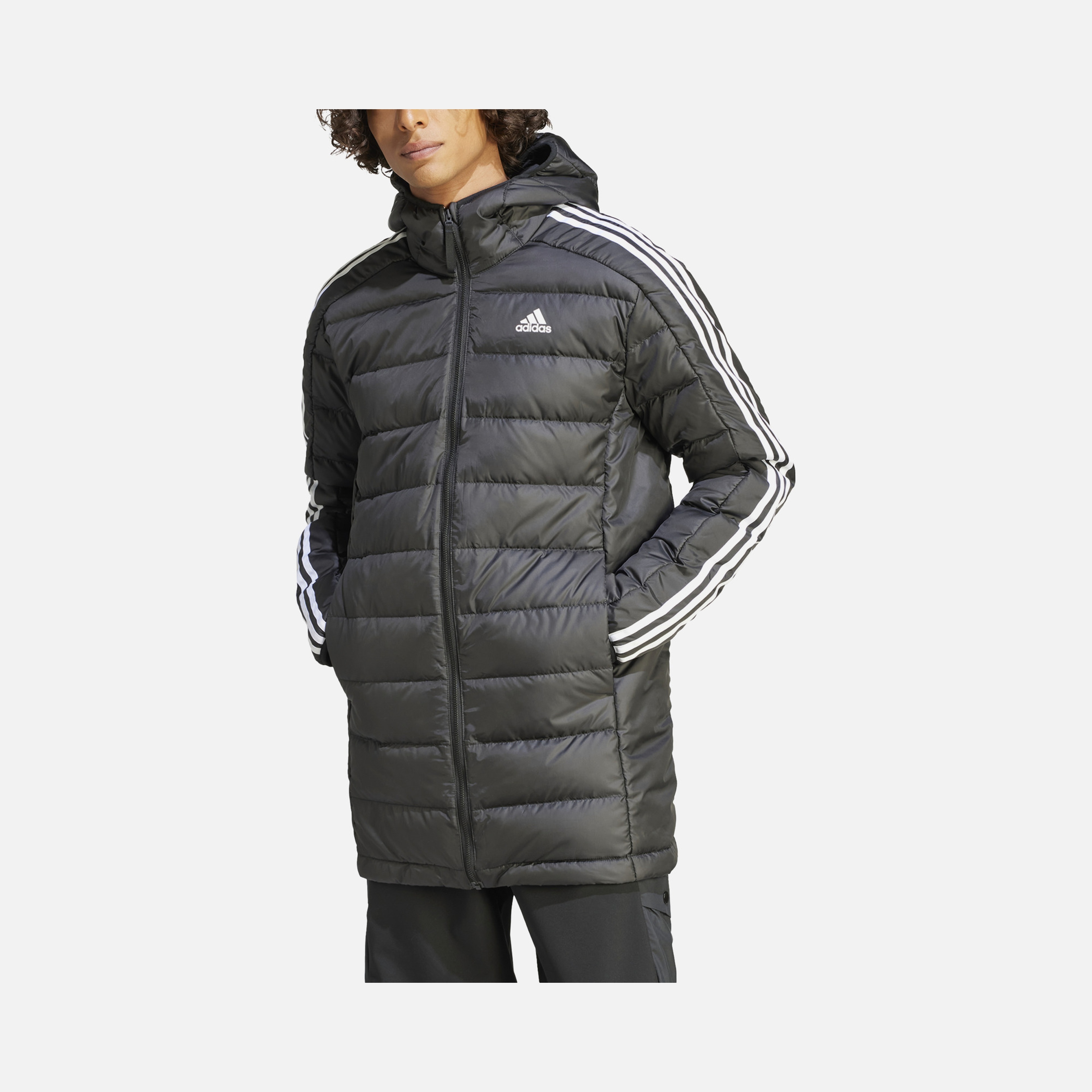 adidas Essentials 3-Stripes Light Down Full-Zip Hoodie Erkek Parka