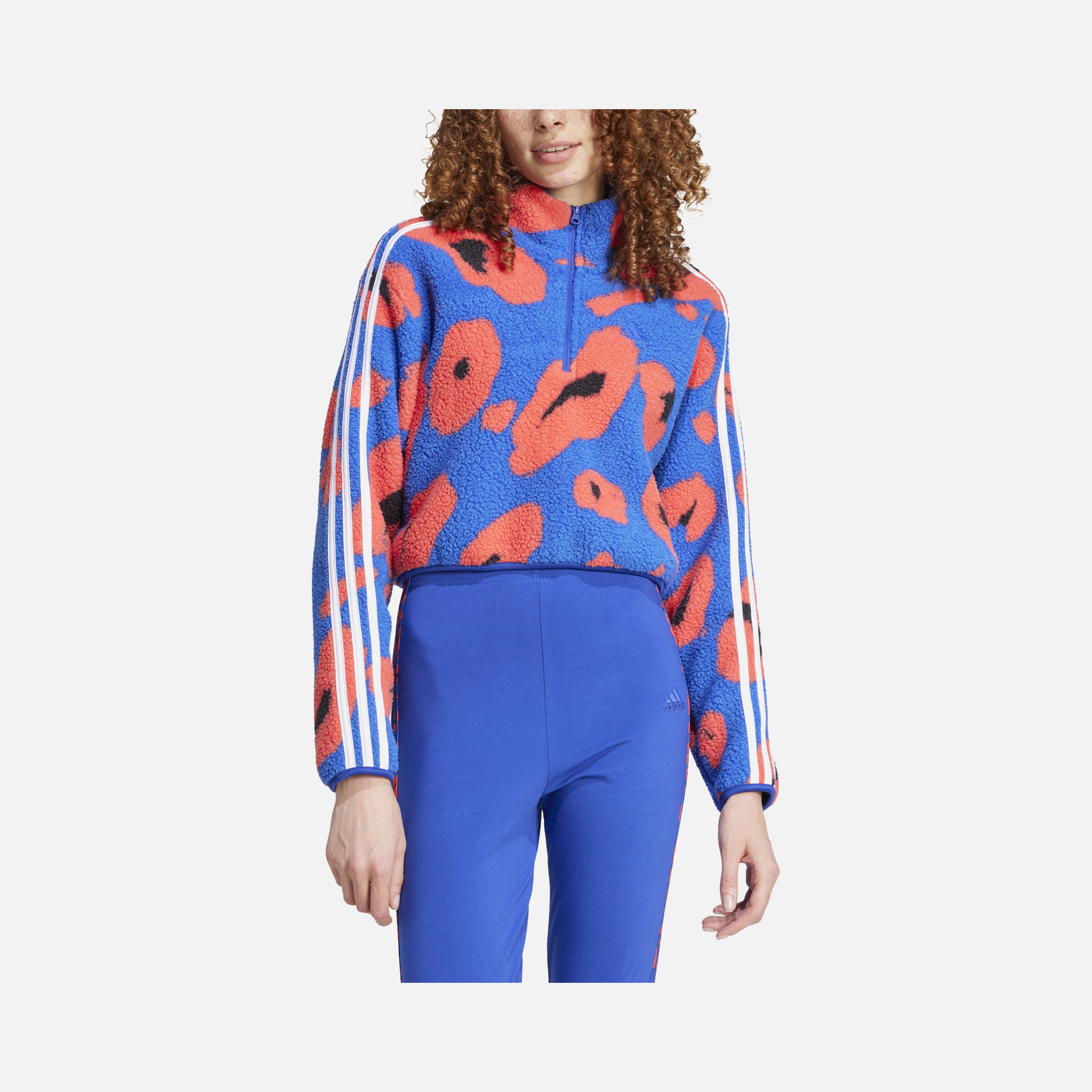 adidas Essentials 3-Stripes Animal Print High Pile Cropped 1/4 Zip