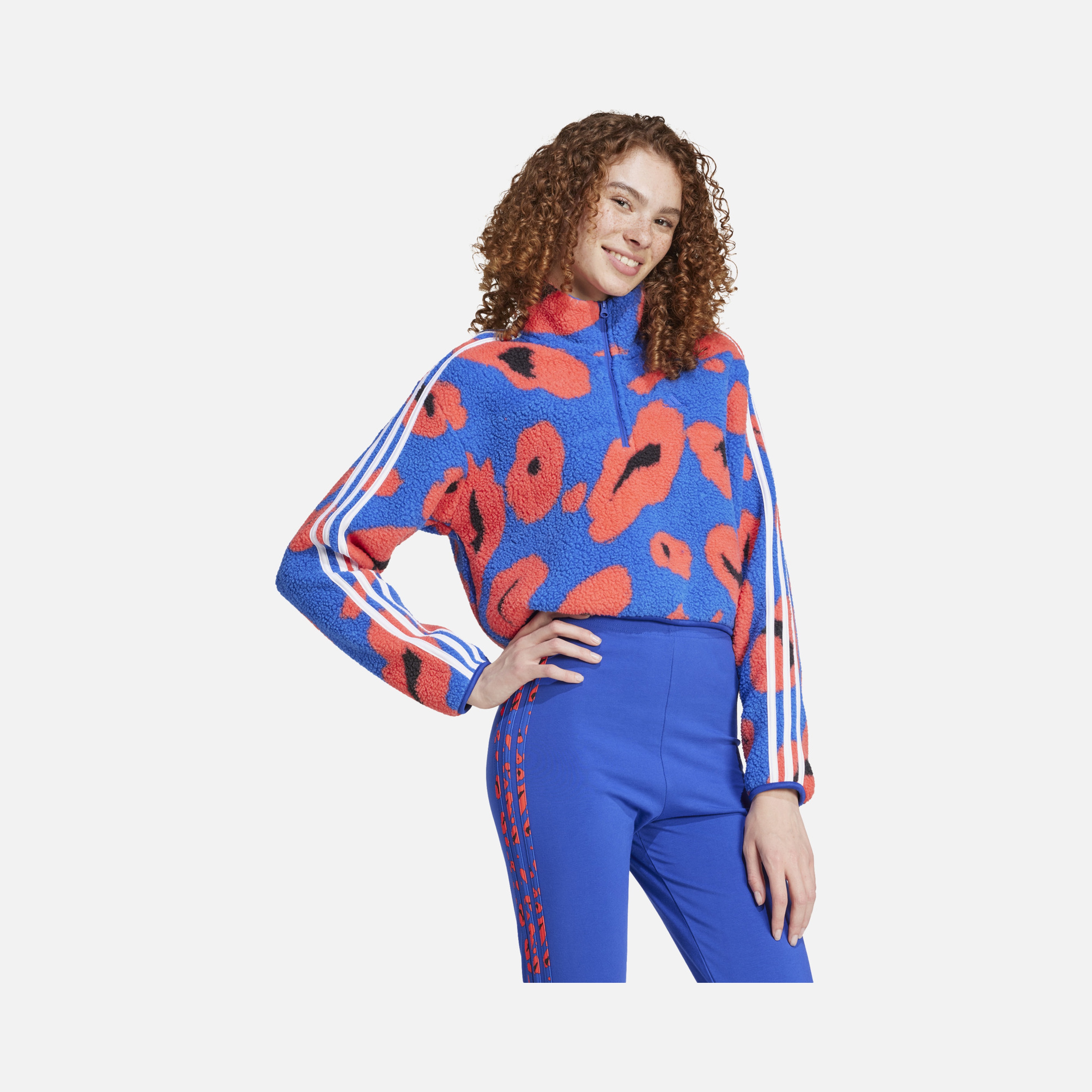 adidas Essentials 3-Stripes Animal Print High Pile Cropped 1/4 Zip