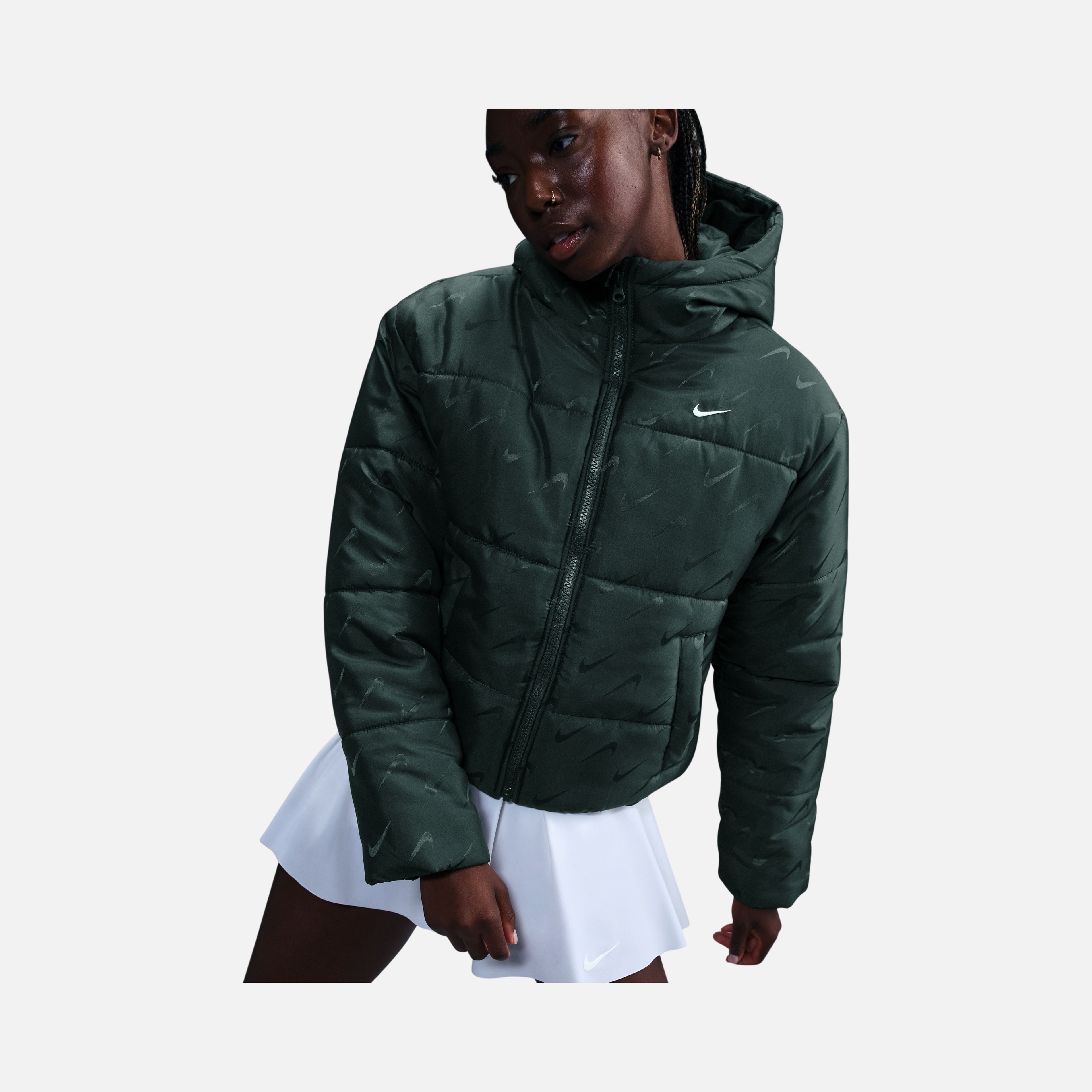 Nike Sportswear Classic Therma-Fit Synthetic-Fill Loose Puffer All Over Printed Swoosh Full-Zip Hoodie Kadın Mont