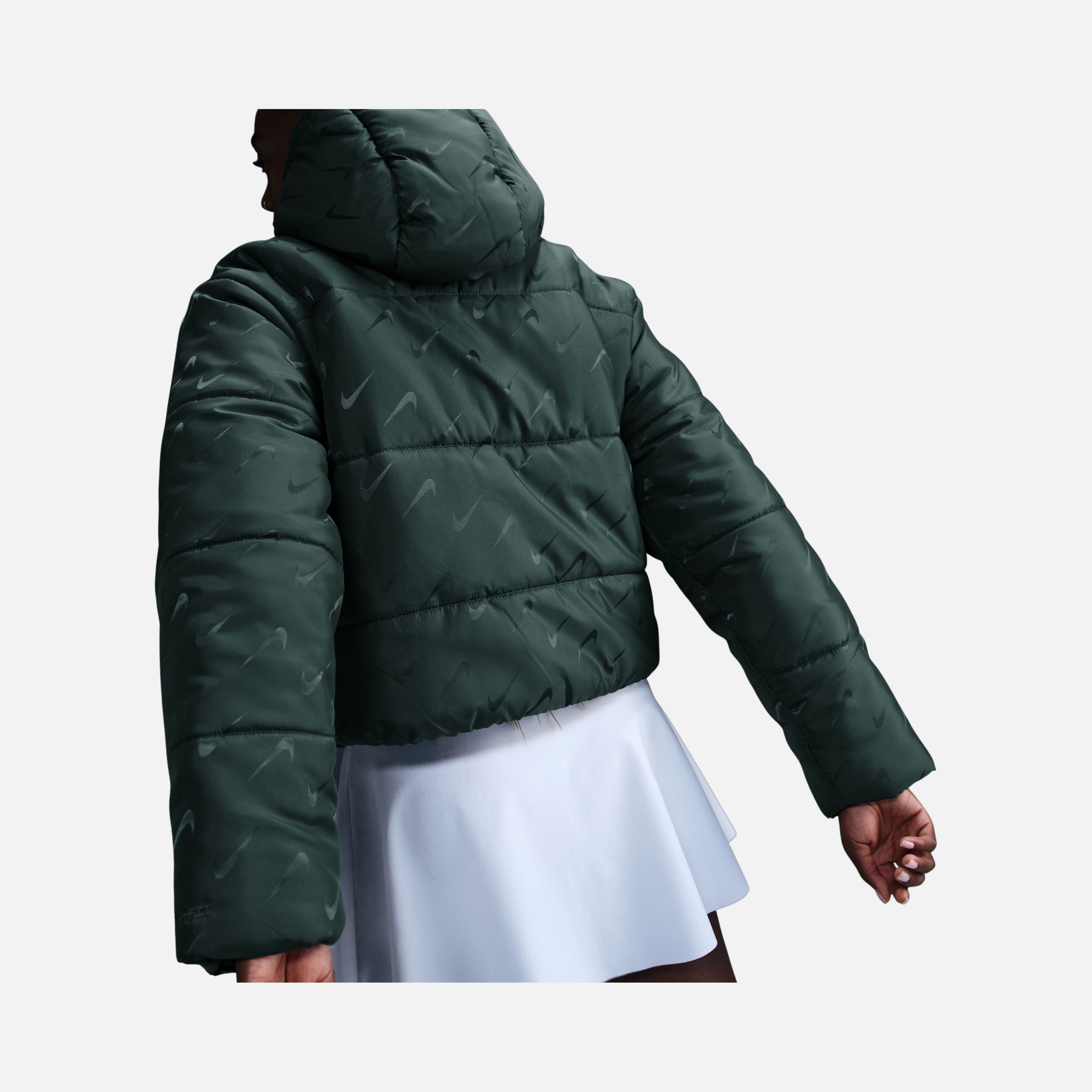 Nike Sportswear Classic Therma-Fit Synthetic-Fill Loose Puffer All Over Printed Swoosh Full-Zip Hoodie Kadın Mont