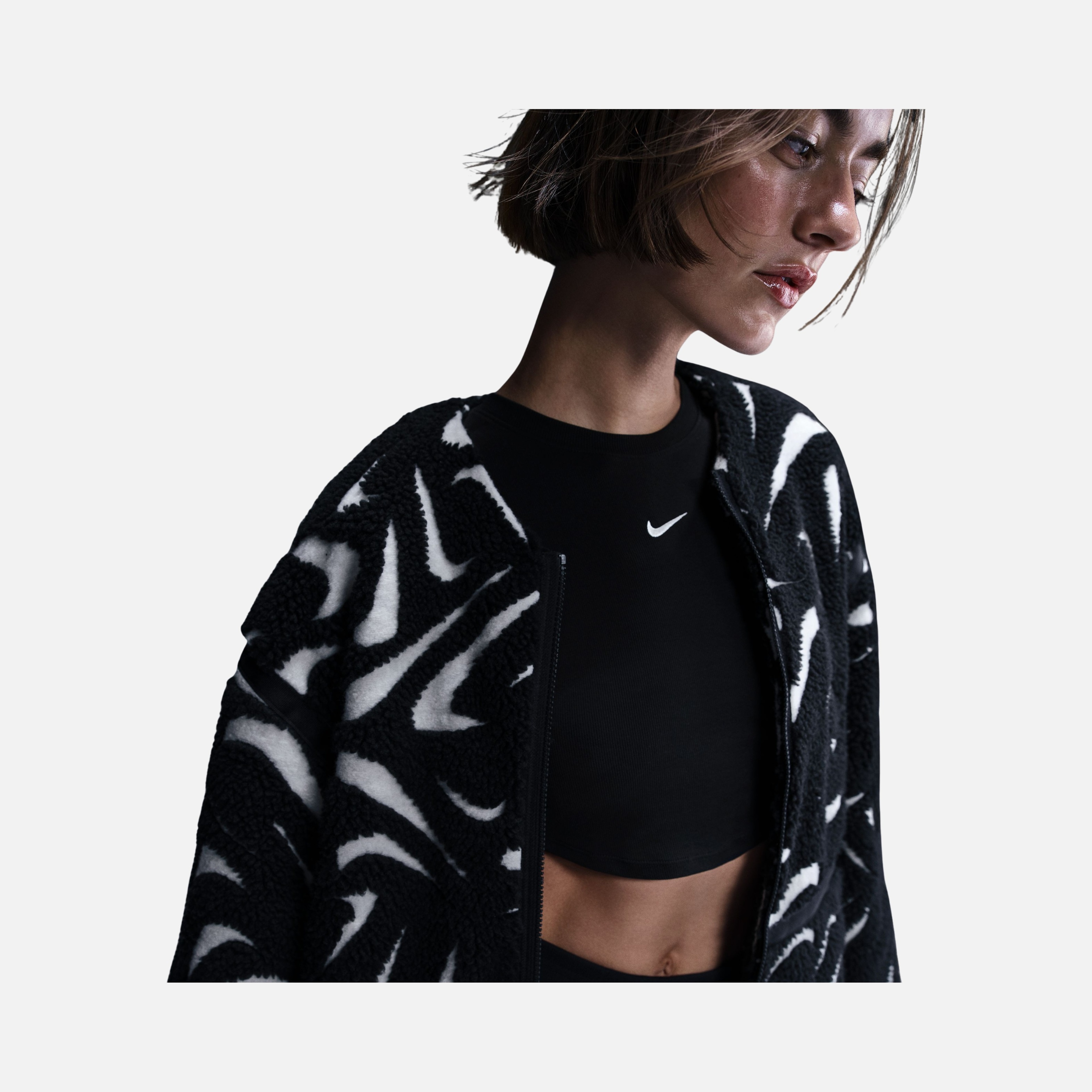 Nike Sportswear Cozy Long-Haired All-Over Swoosh Logo Lined Loose Full-Zip Kadın Ceket